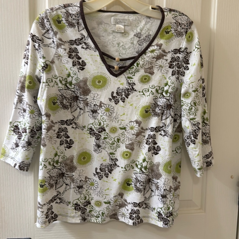 Christopher & Banks shirt, with wooden bead design on front of shirt.